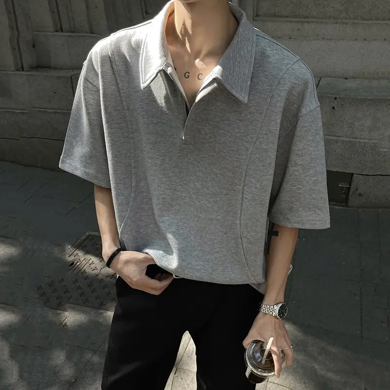 IEFB New Fashion Male T-shirt Short Sleeve Turn-down Collar Zipper Top Casual Solid Color Men Clothing Summer Trend 9W3152