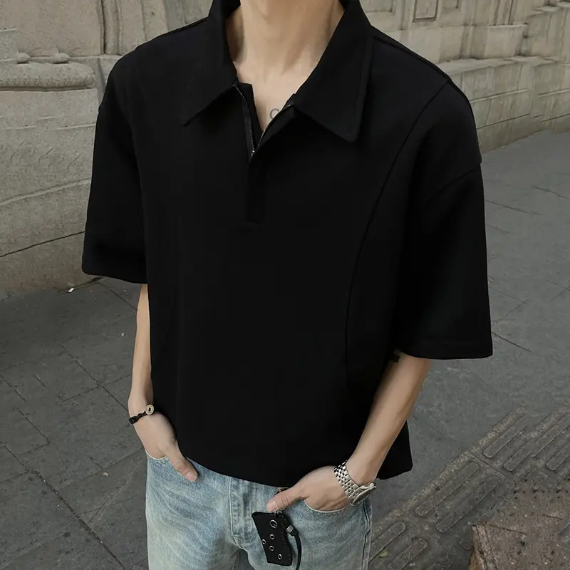IEFB New Fashion Male T-shirt Short Sleeve Turn-down Collar Zipper Top Casual Solid Color Men Clothing Summer Trend 9W3152