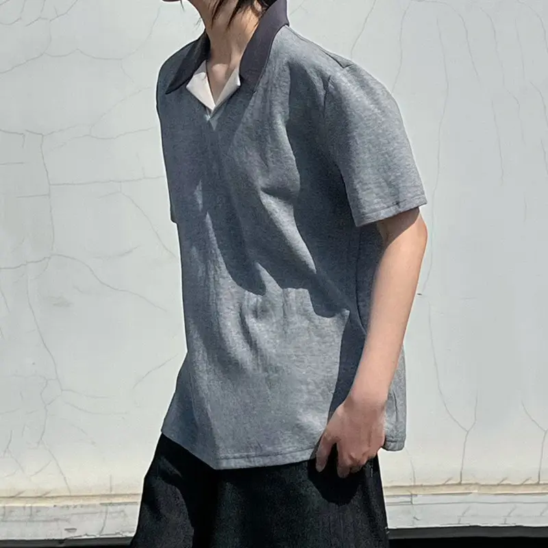 IEFB Contrast Color Patchwork Men's Tees Turn-down Collar Short Sleeved Casual Knitting Male Pullover Loose T-shirt Niche 9W2941