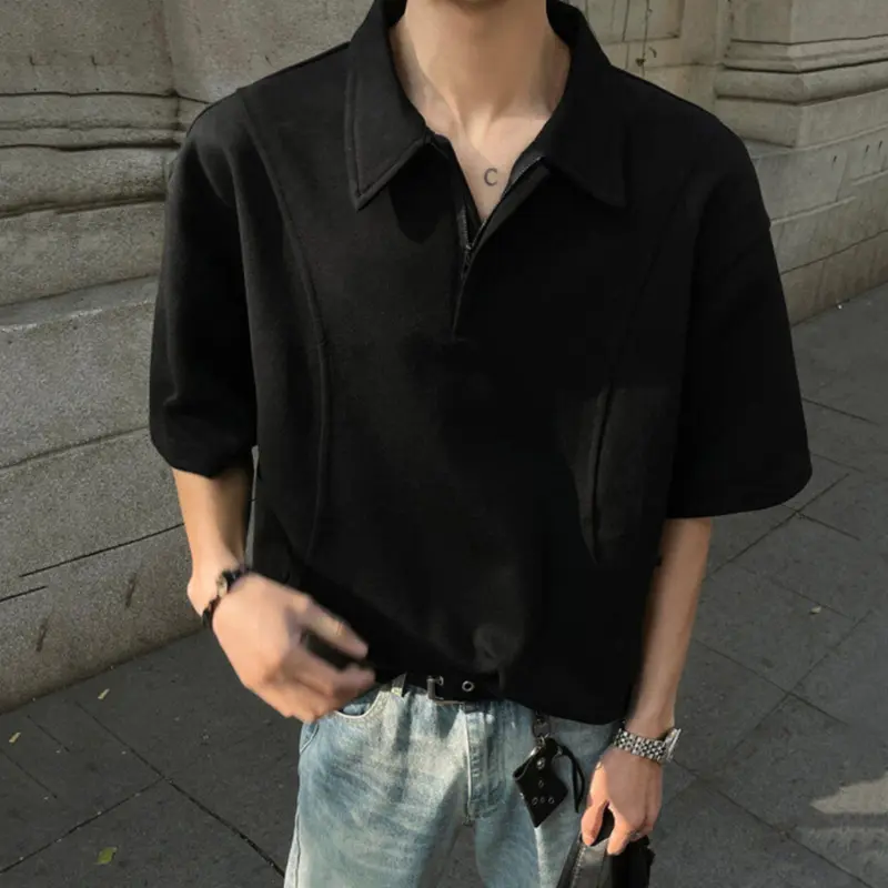IEFB New Fashion Male T-shirt Short Sleeve Turn-down Collar Zipper Top Casual Solid Color Men Clothing Summer Trend 9W3152