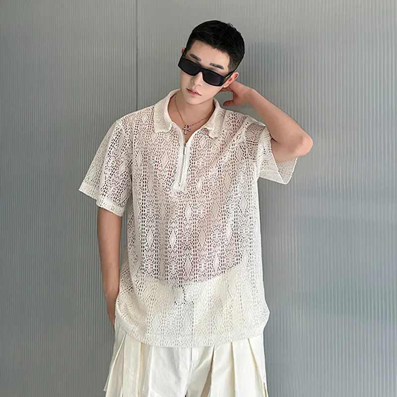IEFB Men's Short Sleeve T-shirts Niche Casual Hollow Silhouette V-neck Half Zipper Pullover Lapel Trendy Male Clothing 9W2213