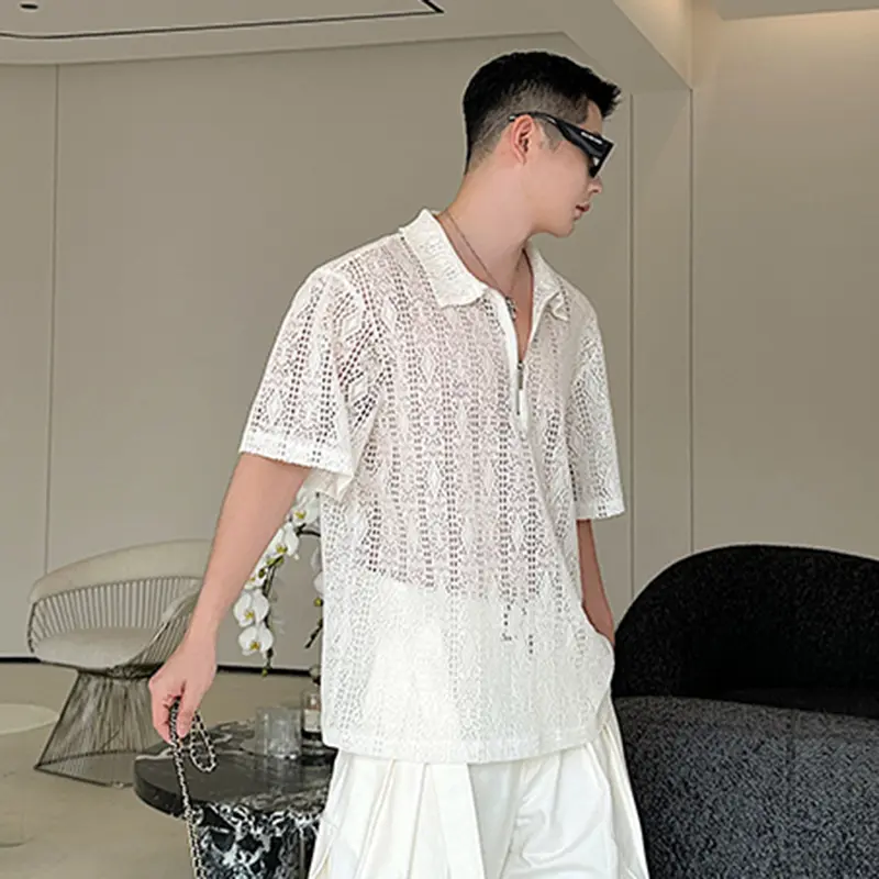 IEFB Men's Short Sleeve T-shirts Niche Casual Hollow Silhouette V-neck Half Zipper Pullover Lapel Trendy Male Clothing 9W2213