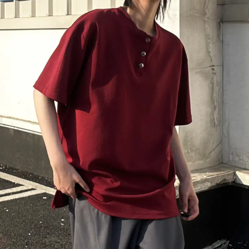 IEFB Niche Design Men's T-shirts Round Collar Solid Color Button Casual Menswear Short Sleeved Loose Male All-match Tees 9W2939