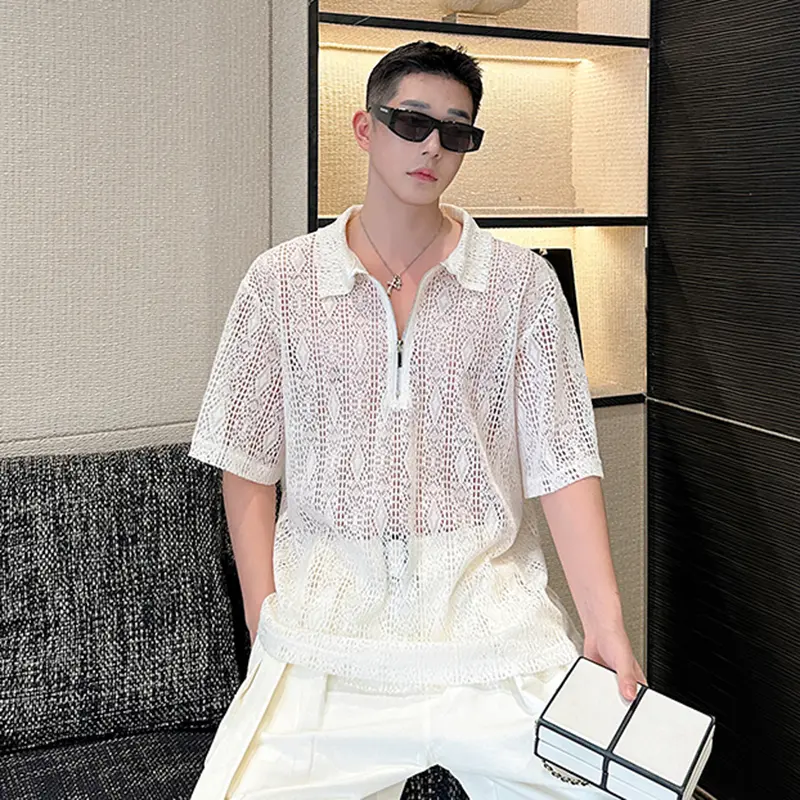 IEFB Men's Short Sleeve T-shirts Niche Casual Hollow Silhouette V-neck Half Zipper Pullover Lapel Trendy Male Clothing 9W2213