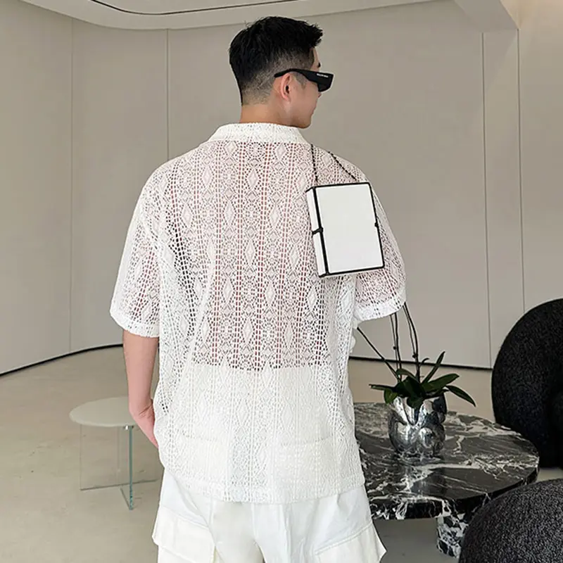 IEFB Men's Short Sleeve T-shirts Niche Casual Hollow Silhouette V-neck Half Zipper Pullover Lapel Trendy Male Clothing 9W2213