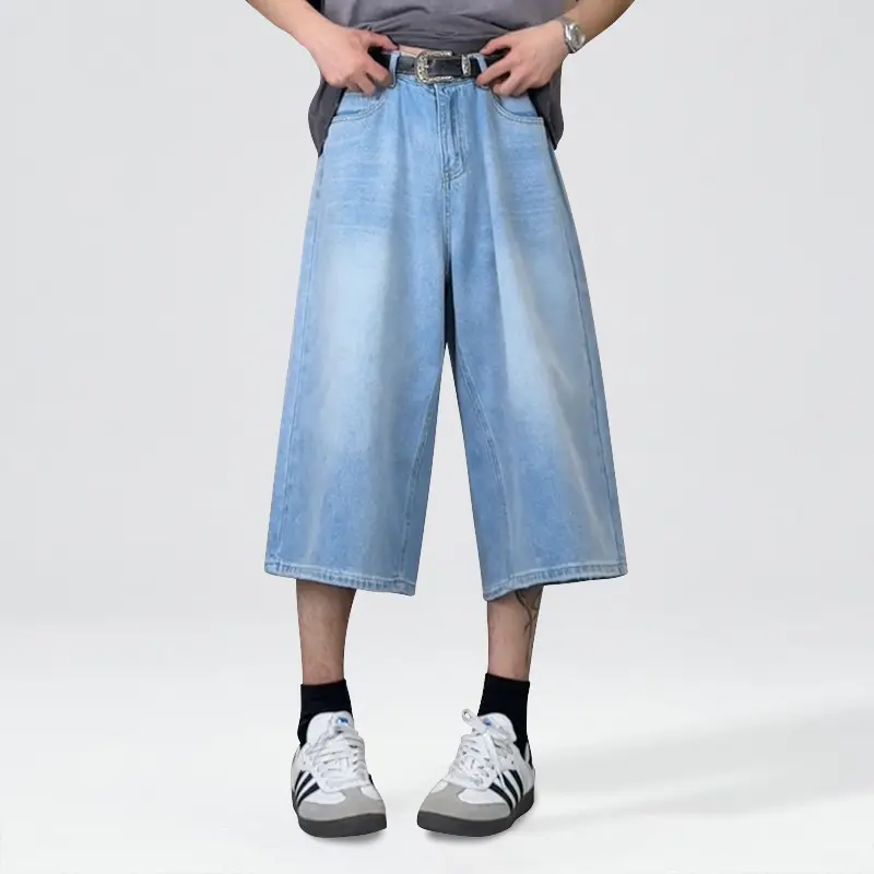 IEFB Light Blue Denim Shorts Men Summer Thin American Style Washed Loose Straight Jorts Teenagers New Trendy Jeans 9W3760