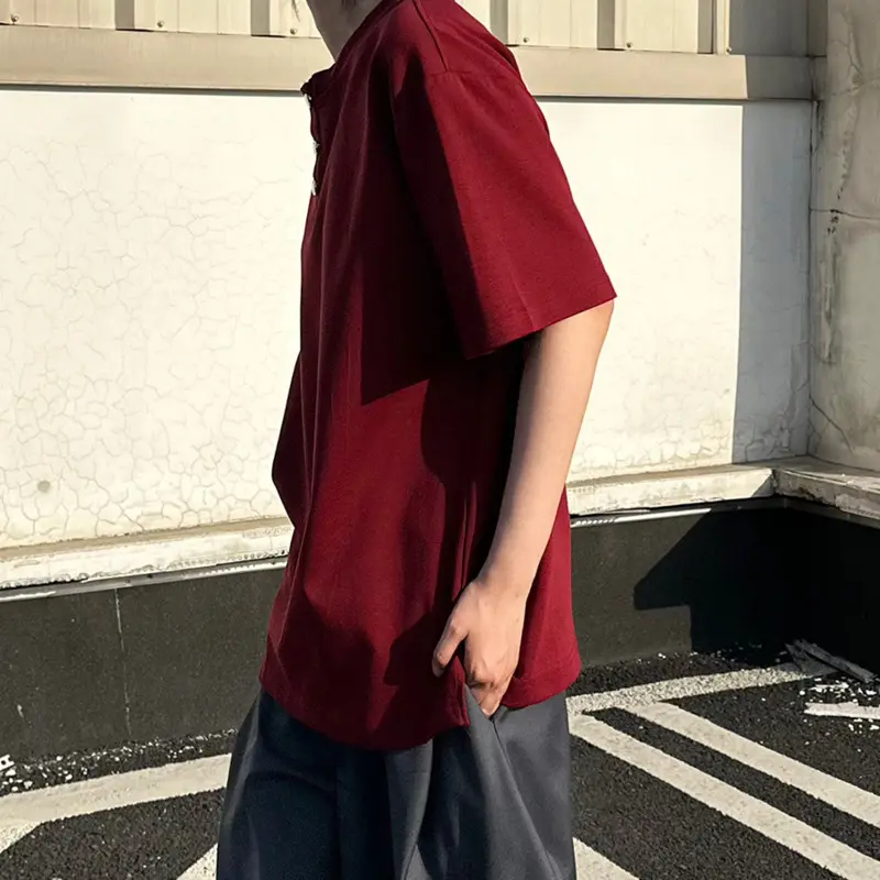 IEFB Niche Design Men's T-shirts Round Collar Solid Color Button Casual Menswear Short Sleeved Loose Male All-match Tees 9W2939