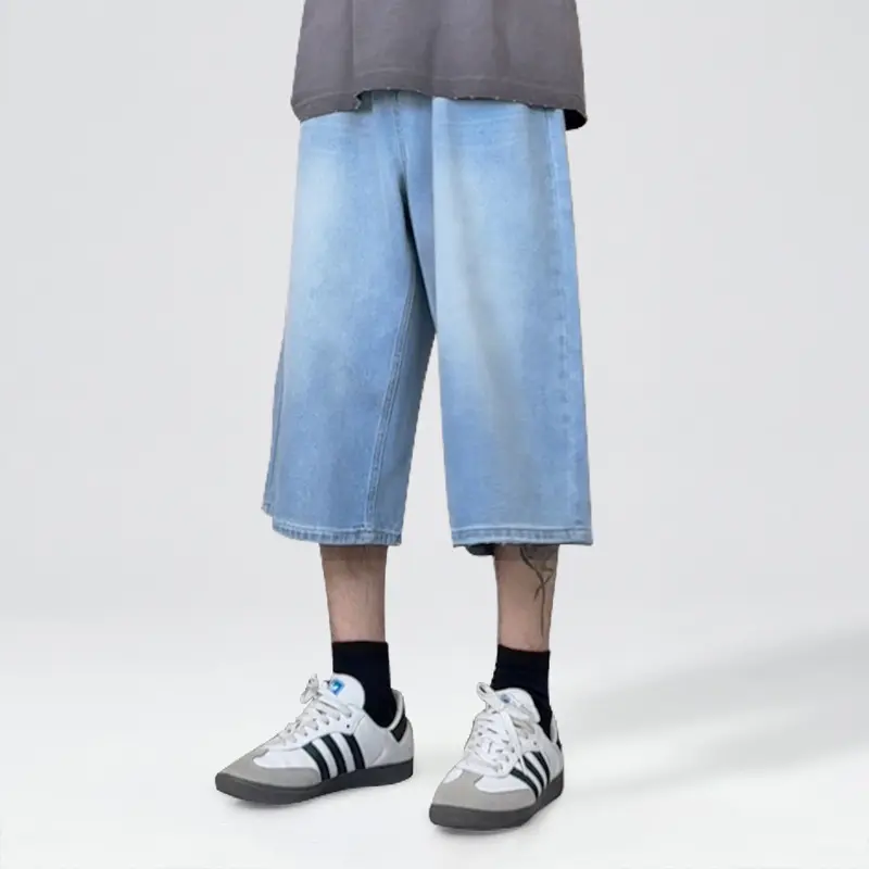 IEFB Light Blue Denim Shorts Men Summer Thin American Style Washed Loose Straight Jorts Teenagers New Trendy Jeans 9W3760