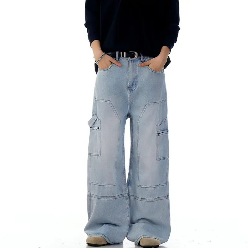 IEFB High Street Men's Jeans Washed Vintage Men Straight Cleanfit Deconstructed Wide Leg Floor Length Denim Pants New 9W3137