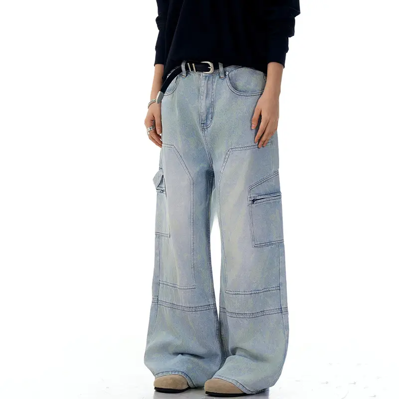 IEFB High Street Men's Jeans Washed Vintage Men Straight Cleanfit Deconstructed Wide Leg Floor Length Denim Pants New 9W3137