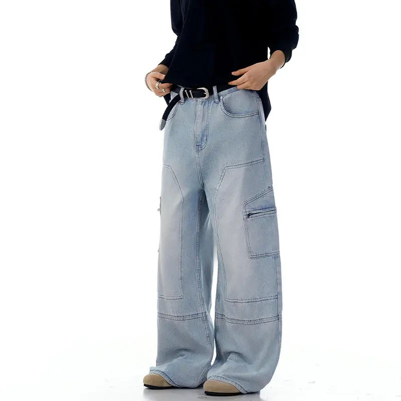 IEFB High Street Men's Jeans Washed Vintage Men Straight Cleanfit Deconstructed Wide Leg Floor Length Denim Pants New 9W3137