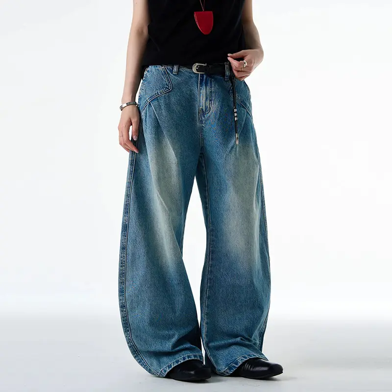 IEFB American Style Washed Scimitar Jeans Men Double Pleated Baggy Deconstructed Design Loose Straight Denim Pants Trendy 9W3461