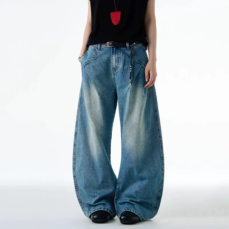 IEFB American Style Washed Scimitar Jeans Men Double Pleated Baggy Deconstructed Design Loose Straight Denim Pants Trendy 9W3461