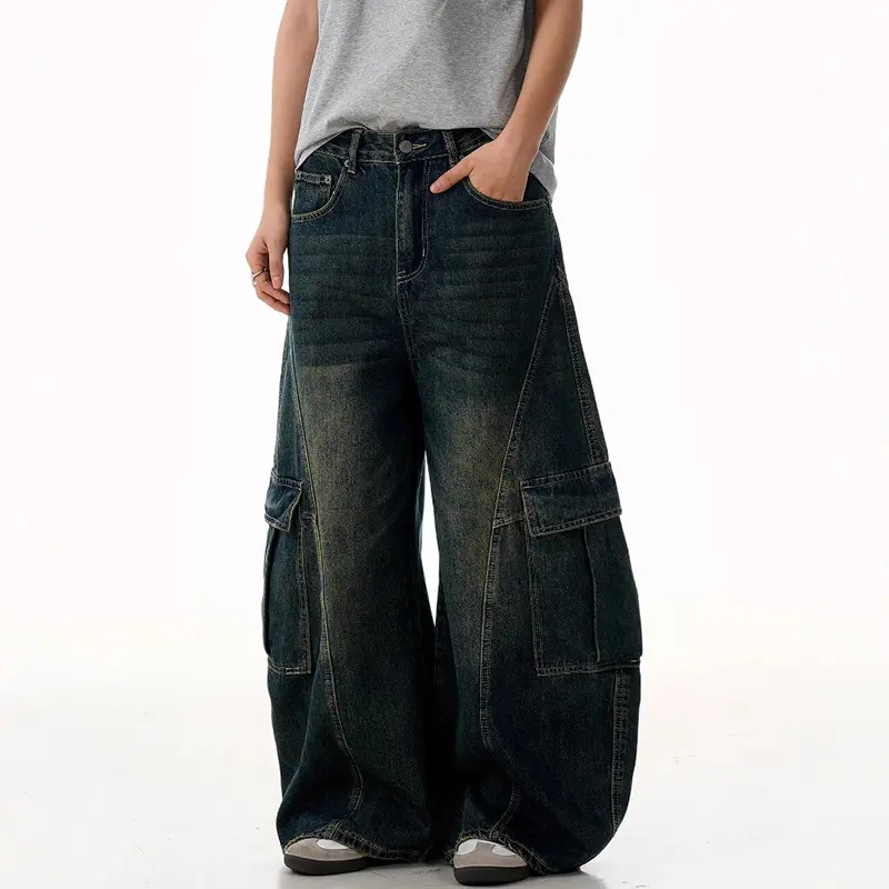 IEFB American Style Men's Cargo Jeans Washing Multi Pockets Gradient Color Trousers Straight Wide Leg Loose Male Jeans 9W2993