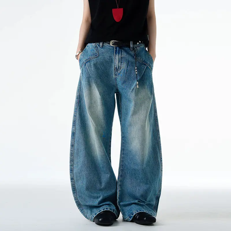 IEFB American Style Washed Scimitar Jeans Men Double Pleated Baggy Deconstructed Design Loose Straight Denim Pants Trendy 9W3461