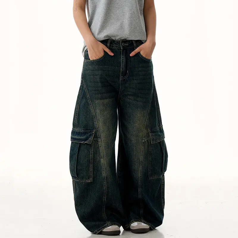 IEFB American Style Men's Cargo Jeans Washing Multi Pockets Gradient Color Trousers Straight Wide Leg Loose Male Jeans 9W2993