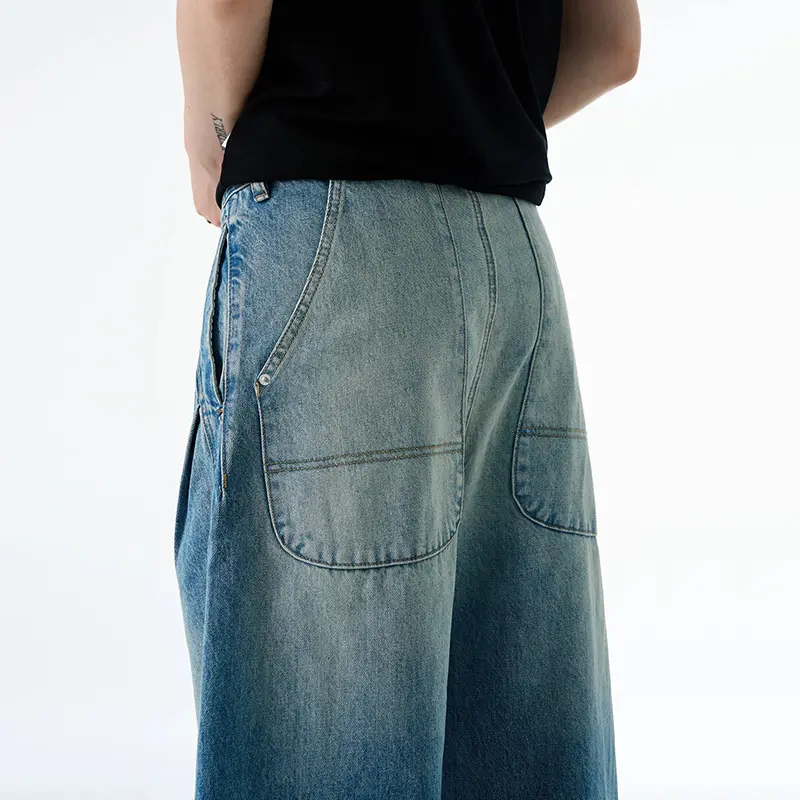 IEFB American Style Washed Scimitar Jeans Men Double Pleated Baggy Deconstructed Design Loose Straight Denim Pants Trendy 9W3461