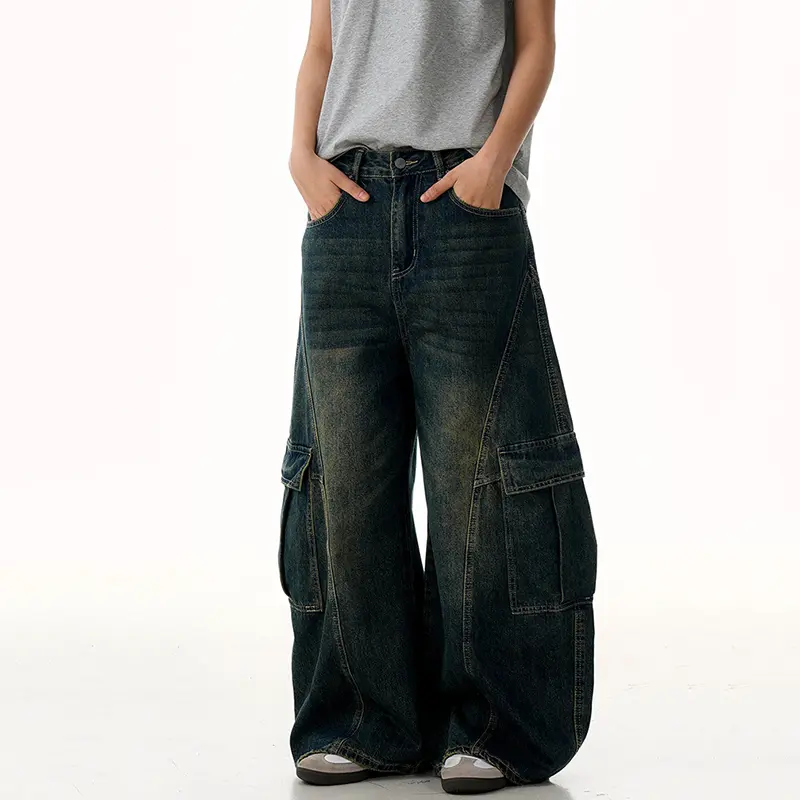IEFB American Style Men's Cargo Jeans Washing Multi Pockets Gradient Color Trousers Straight Wide Leg Loose Male Jeans 9W2993