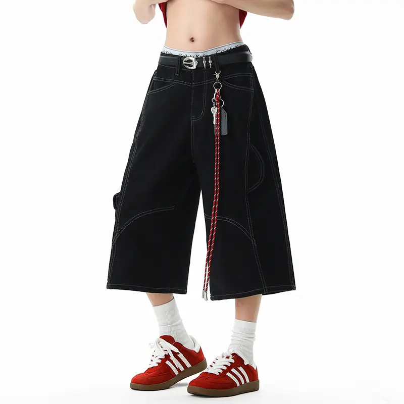 IEFB Deconstructed Stitched Cropped Cargo Jeans Men's Wear New Stylish Male Solid Color Denim Shorts With Accessories 9W3259