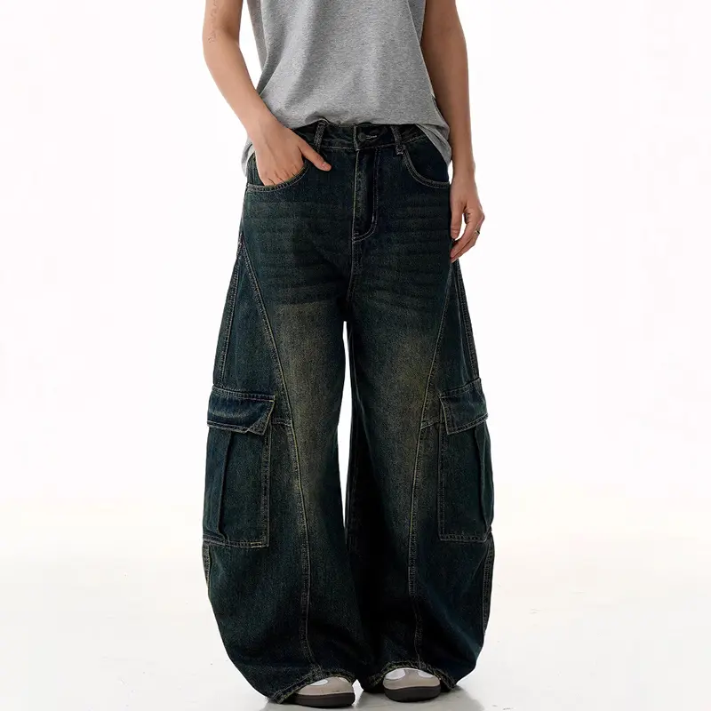 IEFB American Style Men's Cargo Jeans Washing Multi Pockets Gradient Color Trousers Straight Wide Leg Loose Male Jeans 9W2993