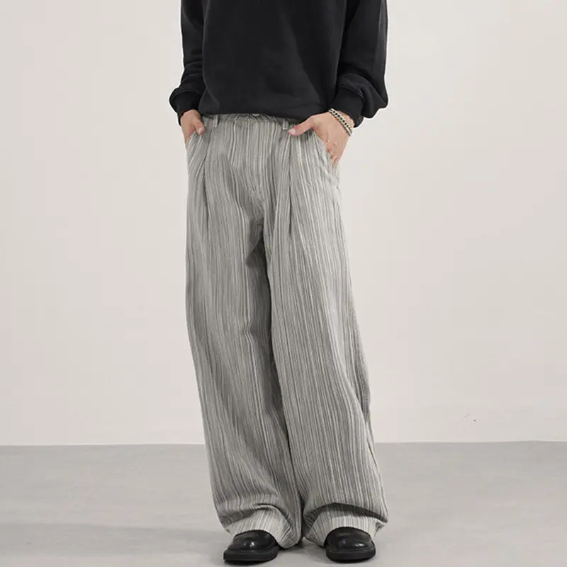 IEFB New Men's Casual Pants Striped Design Contrast Color Pleated Casual Streetwear Loose Straight Leg Male Bottom Chic 9W4165