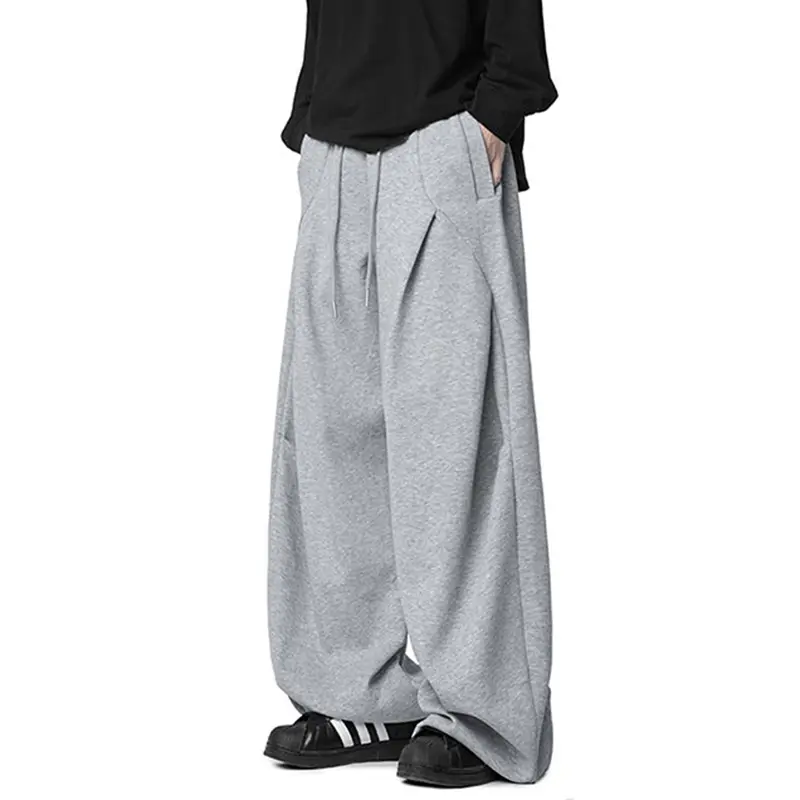 IEFB Korean Style Men's Sweatpants Pleated Design Solid Color Drawstring Trousers Wide Leg Loose Elastic Waist Male Pants 9W3865