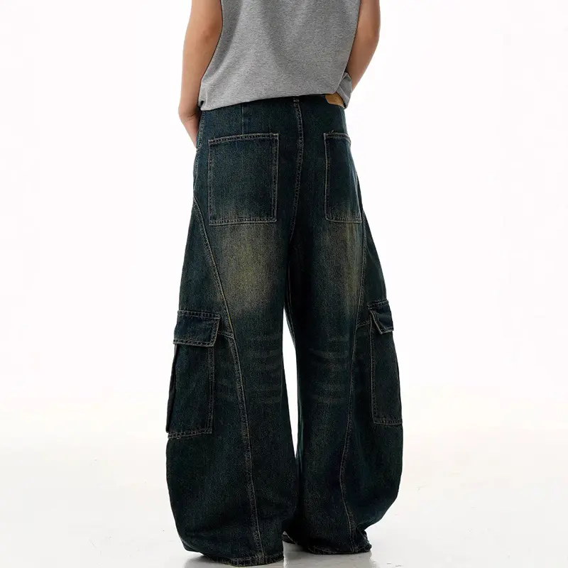 IEFB American Style Men's Cargo Jeans Washing Multi Pockets Gradient Color Trousers Straight Wide Leg Loose Male Jeans 9W2993