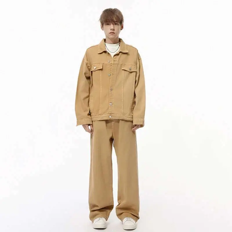 IEFB New Stylish Men's Two-piece Sets Lapel Single Breasted Solid Color Denim Jackets Loose Straight Wide Leg Male Jeans 9C8244