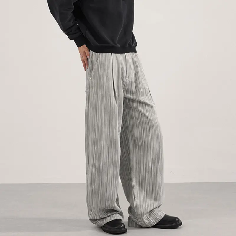 IEFB New Men's Casual Pants Striped Design Contrast Color Pleated Casual Streetwear Loose Straight Leg Male Bottom Chic 9W4165