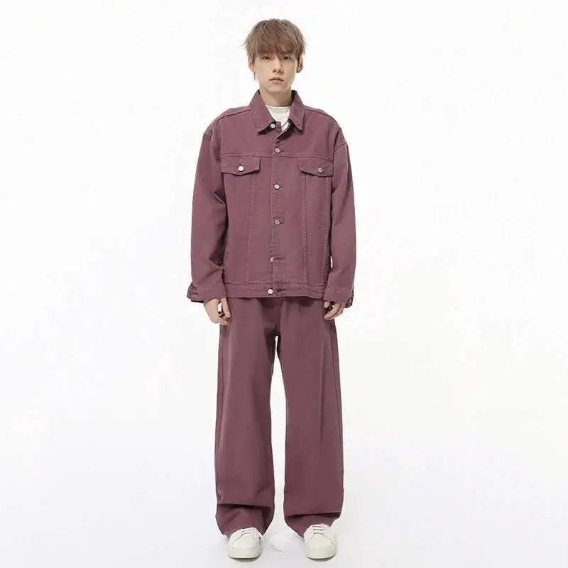 IEFB New Stylish Men's Two-piece Sets Lapel Single Breasted Solid Color Denim Jackets Loose Straight Wide Leg Male Jeans 9C8244