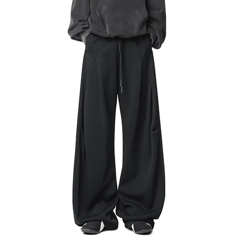 IEFB Korean Style Men's Sweatpants Pleated Design Solid Color Drawstring Trousers Wide Leg Loose Elastic Waist Male Pants 9W3865