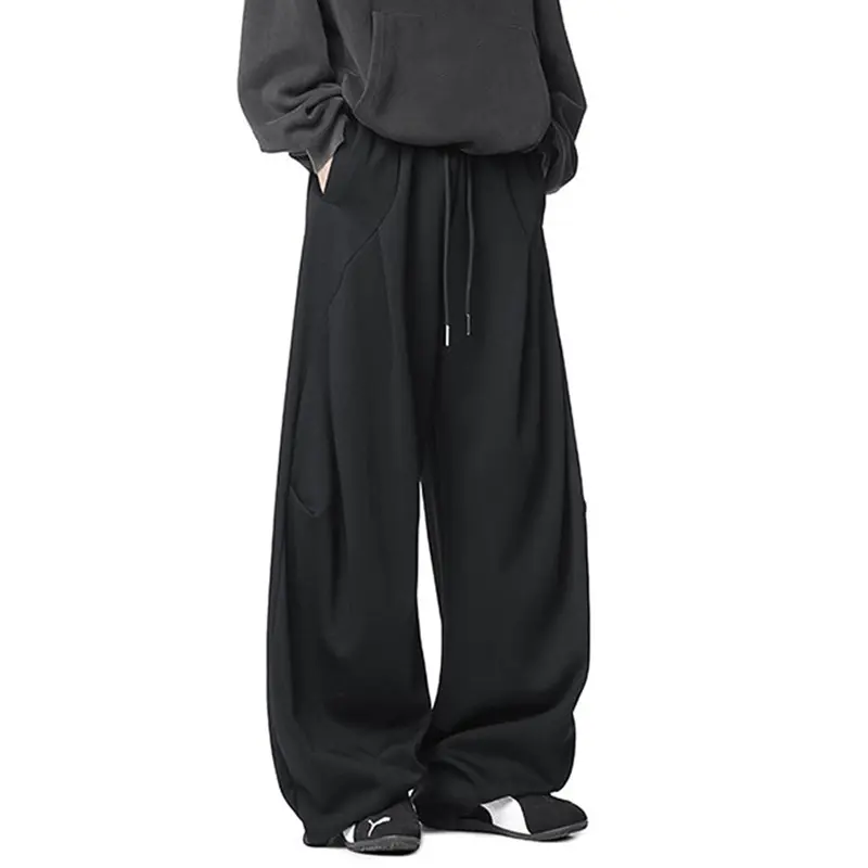 IEFB Korean Style Men's Sweatpants Pleated Design Solid Color Drawstring Trousers Wide Leg Loose Elastic Waist Male Pants 9W3865