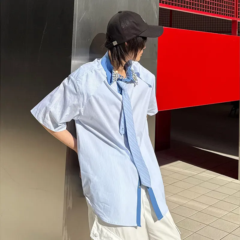 IEFB Summer Casual Male Shirts Patchwork Color Block Short Sleeve Shirt With Tie Metal Design Loose Fit Male Fashion 9W3636