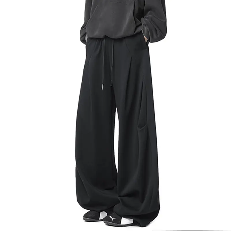 IEFB Korean Style Men's Sweatpants Pleated Design Solid Color Drawstring Trousers Wide Leg Loose Elastic Waist Male Pants 9W3865