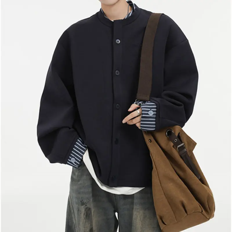 IEFB Korean Style Men's Sweatshirts Stand Collar Fake Two Pieces Striped Contrast Color Loose Single Breasted Male Coats 9W4081