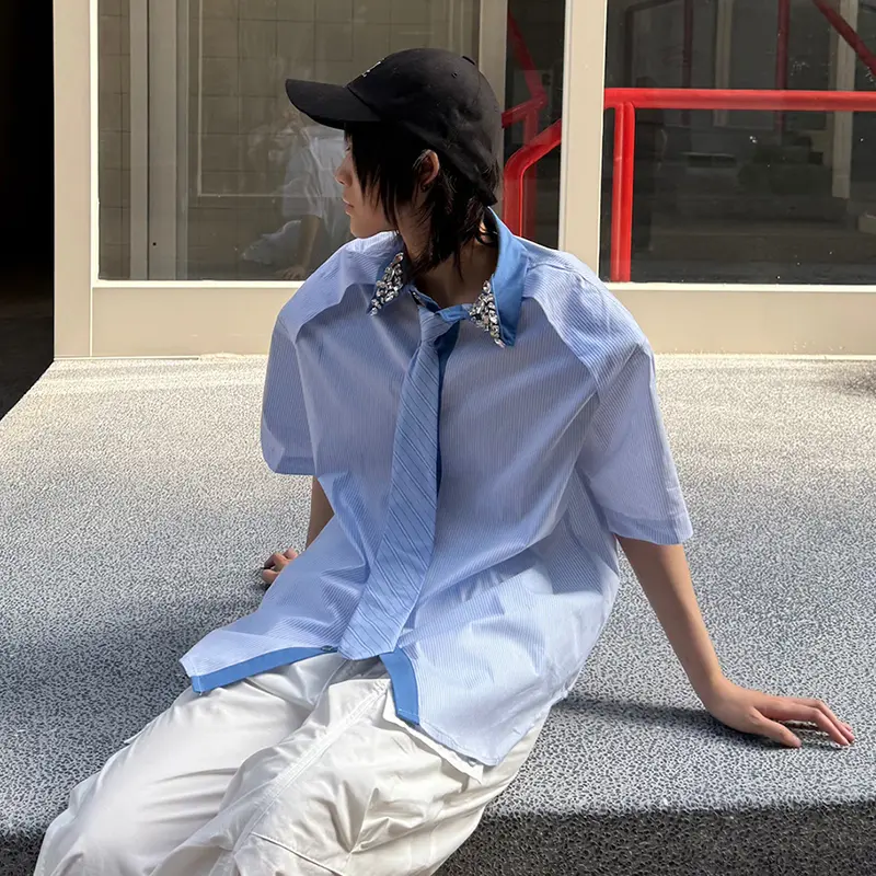 IEFB Summer Casual Male Shirts Patchwork Color Block Short Sleeve Shirt With Tie Metal Design Loose Fit Male Fashion 9W3636