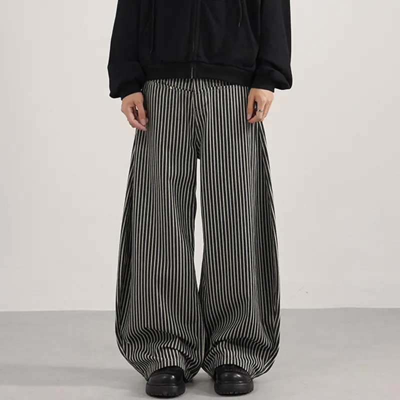 IEFB Autumn Men's Casual Pants Vertical Stripe Wide Leg Pocket Contrast Color Menswear Loose Vintage Curved Knife Bottom 9W4187