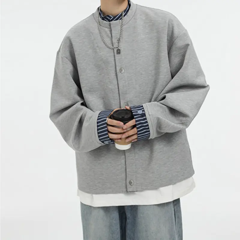 IEFB Korean Style Men's Sweatshirts Stand Collar Fake Two Pieces Striped Contrast Color Loose Single Breasted Male Coats 9W4081