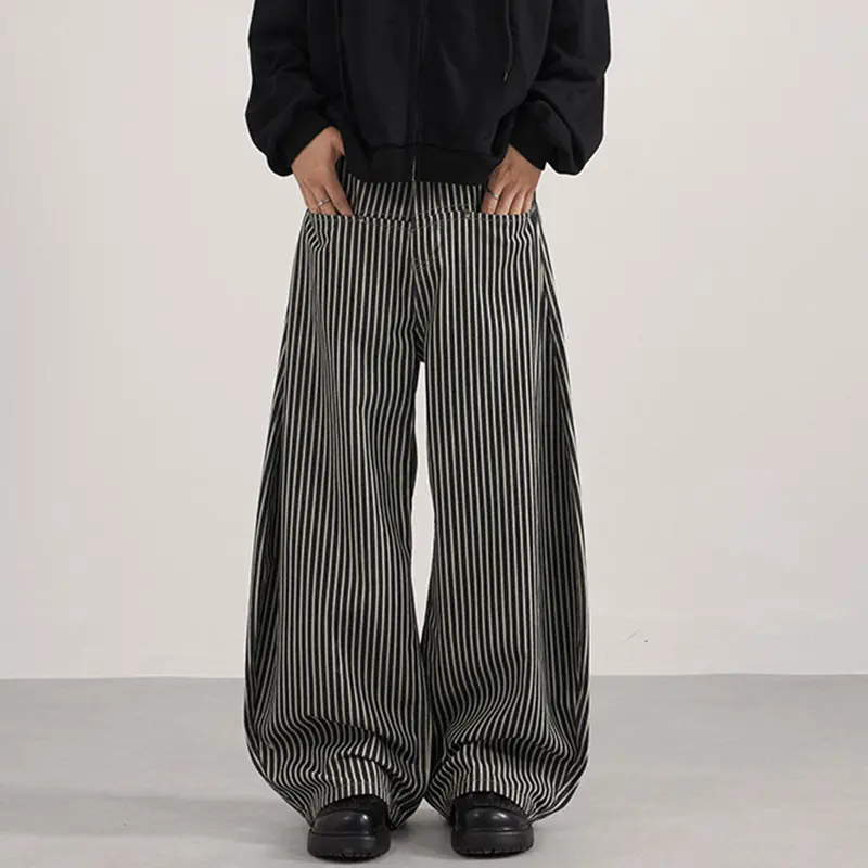 IEFB Autumn Men's Casual Pants Vertical Stripe Wide Leg Pocket Contrast Color Menswear Loose Vintage Curved Knife Bottom 9W4187