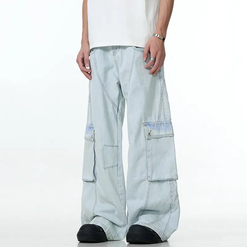 IEFB New Fashion Men's Wear Denim Pants American Washed Distressed Large Pocket Workwear Jeans Versatile Loose Straight 9W2892