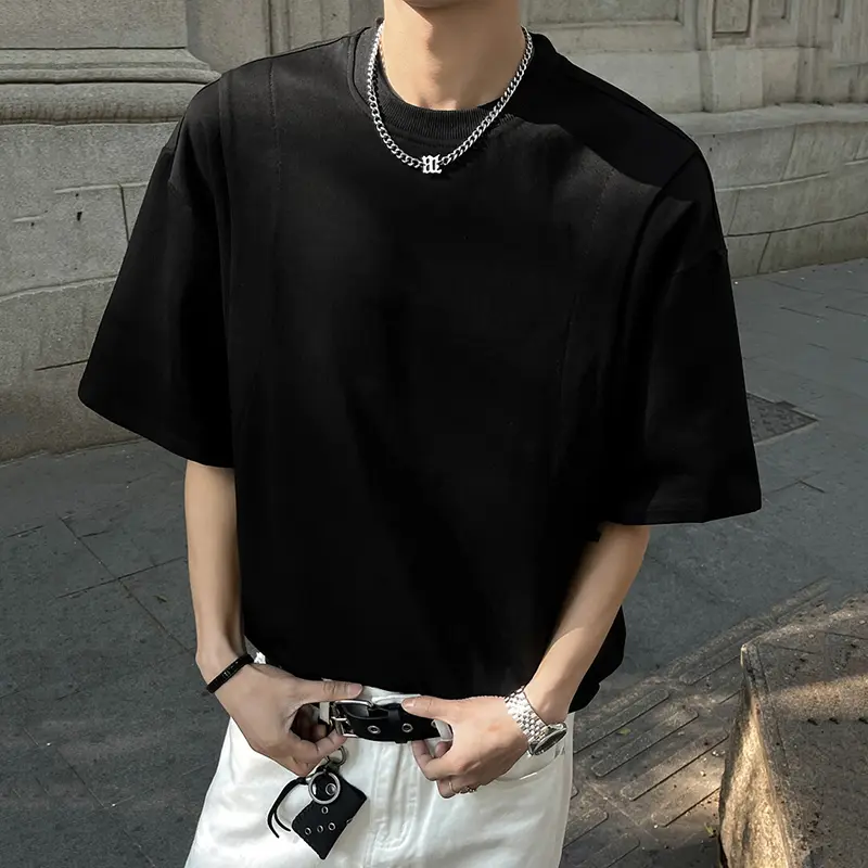 IEFB Korean Style Men's T-shirts Round Collar Short Sleeved Solid Color New Patchwork Casual Loose Male Tees Summer 2025 9W3473