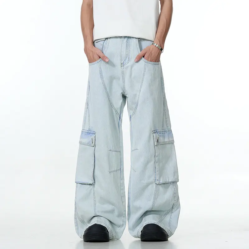 IEFB New Fashion Men's Wear Denim Pants American Washed Distressed Large Pocket Workwear Jeans Versatile Loose Straight 9W2892