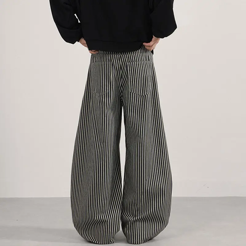 IEFB Autumn Men's Casual Pants Vertical Stripe Wide Leg Pocket Contrast Color Menswear Loose Vintage Curved Knife Bottom 9W4187