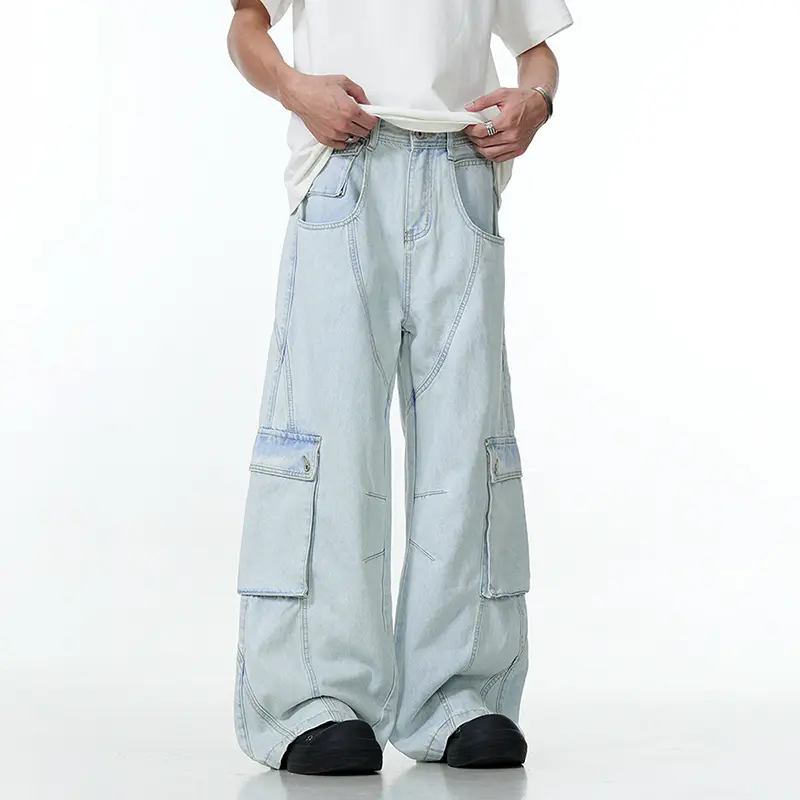 IEFB New Fashion Men's Wear Denim Pants American Washed Distressed Large Pocket Workwear Jeans Versatile Loose Straight 9W2892