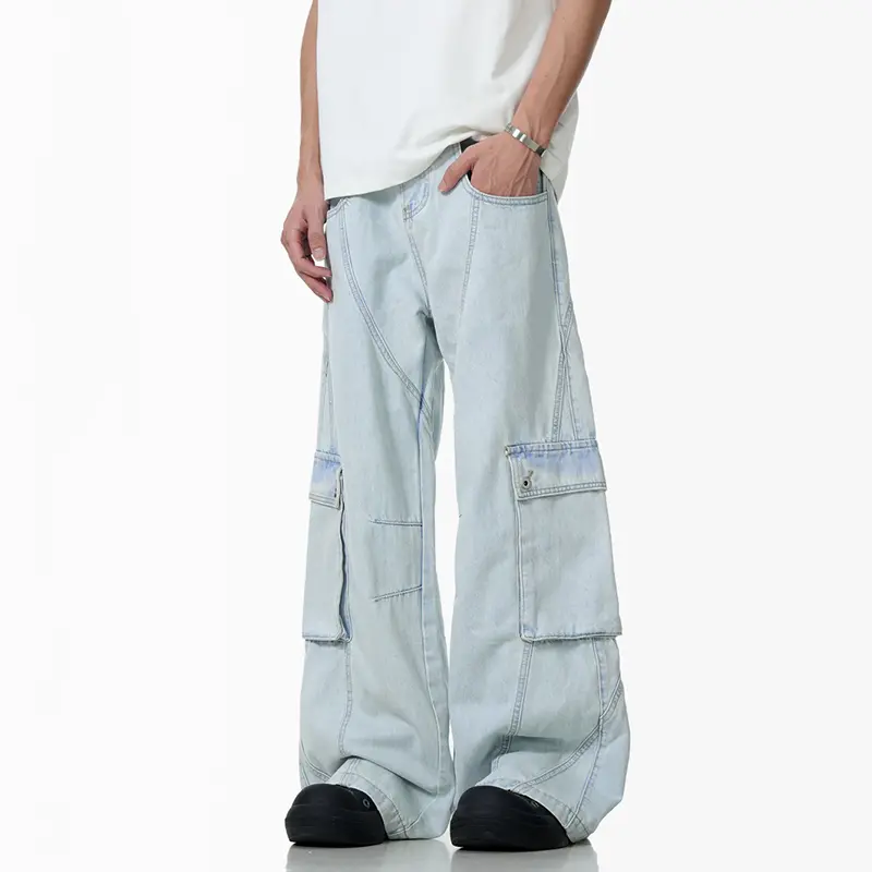 IEFB New Fashion Men's Wear Denim Pants American Washed Distressed Large Pocket Workwear Jeans Versatile Loose Straight 9W2892