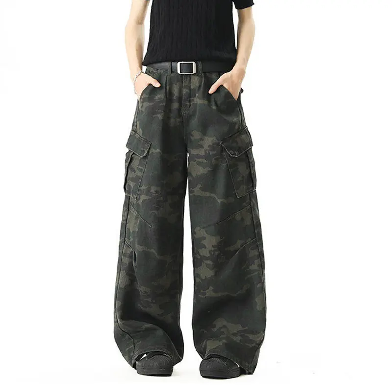 IEFB American Style Men's Camouflage Cargo Pants High Street Printing Fold Design Scimitar Long Overalls Multi-pocket 9W3561