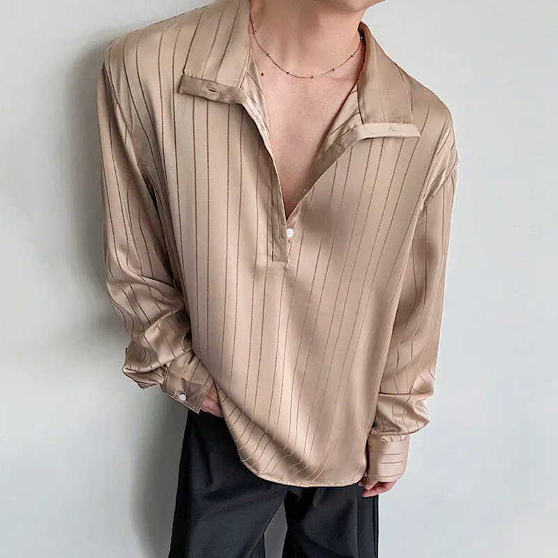 IEFB Men's Clothing Striped Shirt Elegant Glossy Lazy Style Soft Lapel Single Breasted Male Long Sleeve Shirt male top 9W3683