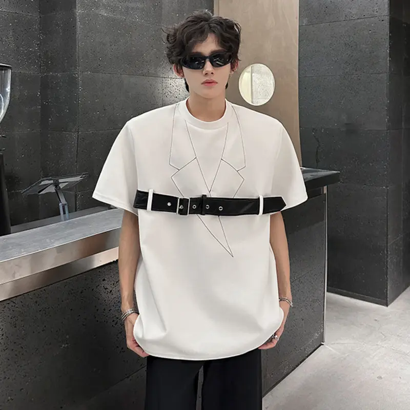 IEFB Niche Design Men's Tees Deconstruction Belt Design Short Sleeved Round Neck Shoulder Padded Loose Male T-shirts Chic 9W3409