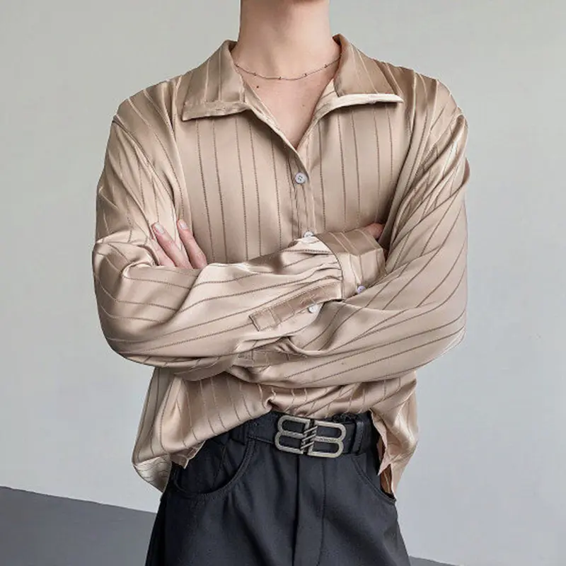 IEFB Men's Clothing Striped Shirt Elegant Glossy Lazy Style Soft Lapel Single Breasted Male Long Sleeve Shirt male top 9W3683