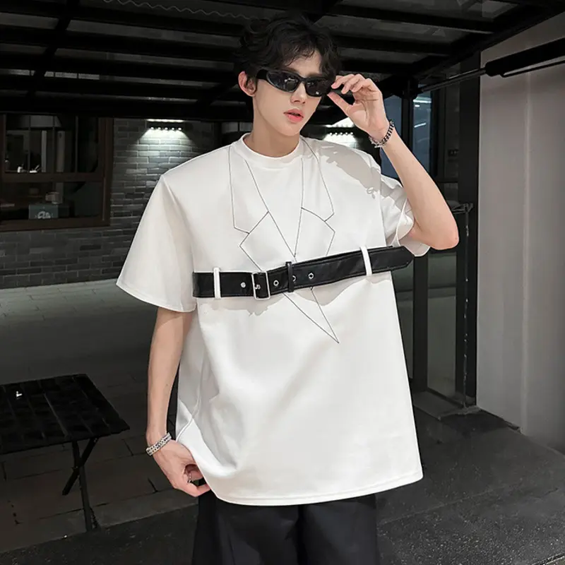 IEFB Niche Design Men's Tees Deconstruction Belt Design Short Sleeved Round Neck Shoulder Padded Loose Male T-shirts Chic 9W3409